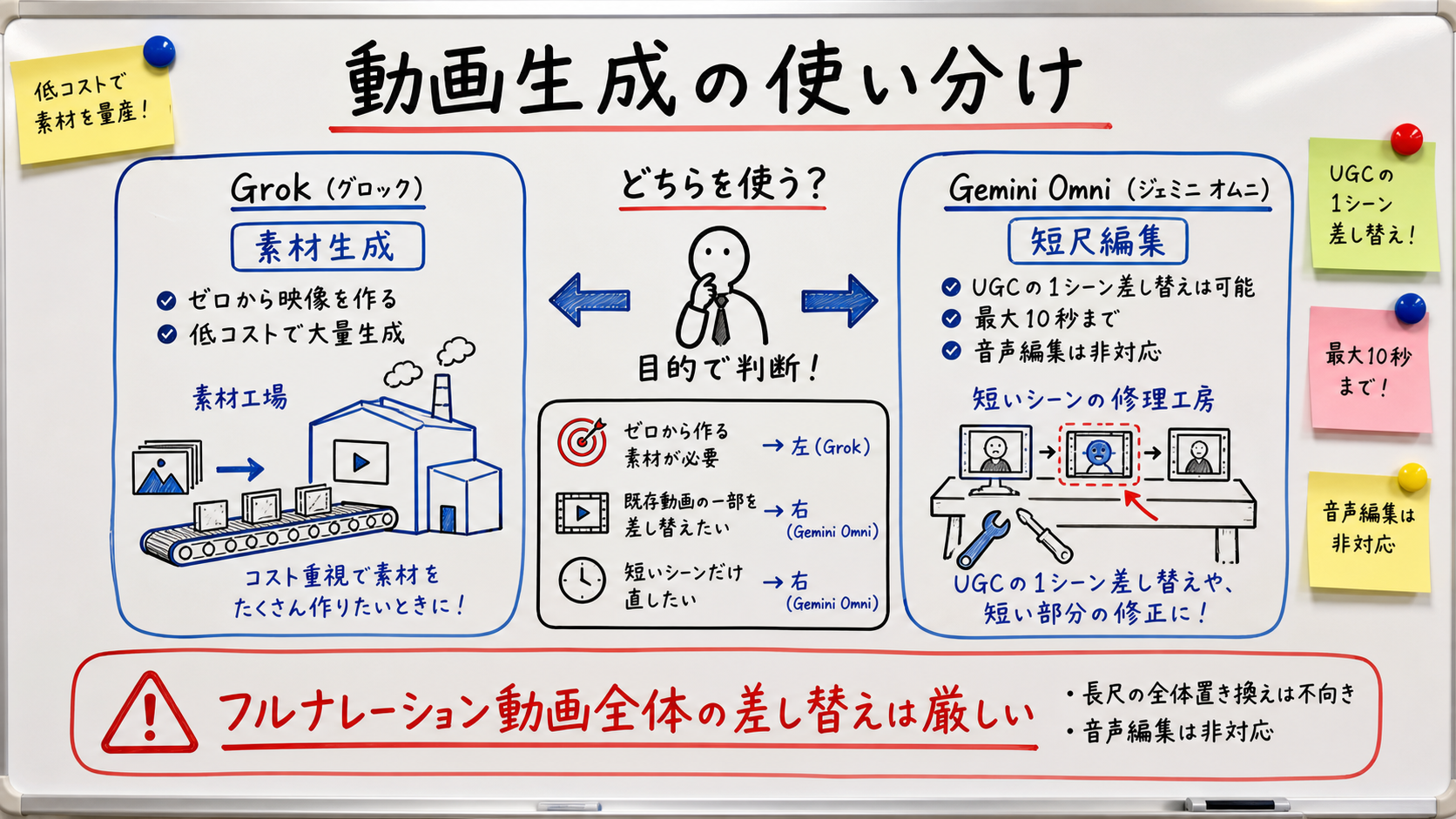 動画生成の使い分け。Grokは低コストな素材生成、Gemini OmniはUGCの短い1シーン差し替えに向く。フルナレーション動画全体の差し替えは厳しい